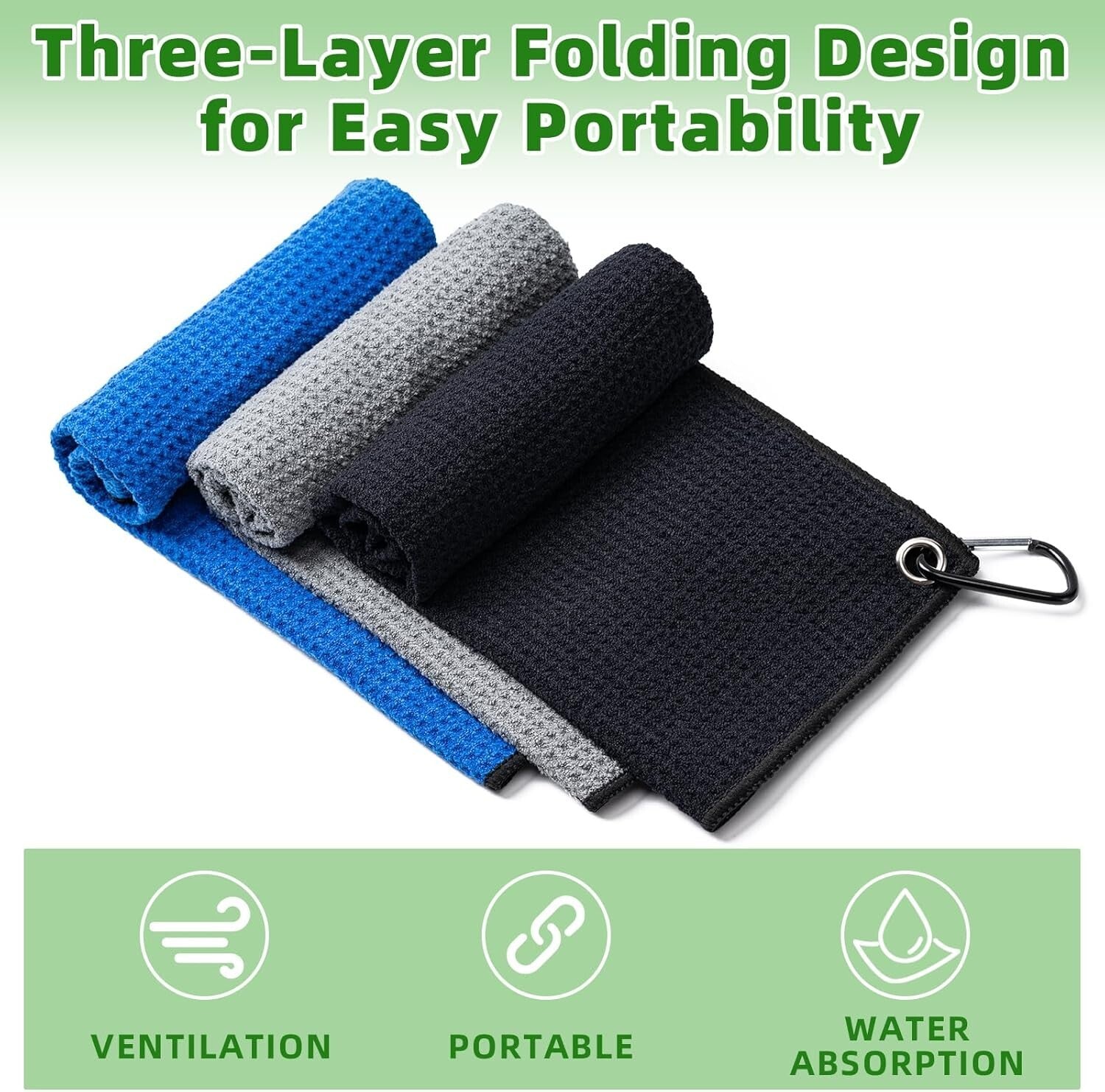 3 Pack Golf Towel (16" X 16") with Carabiner Clip, Microfiber Golf Towels