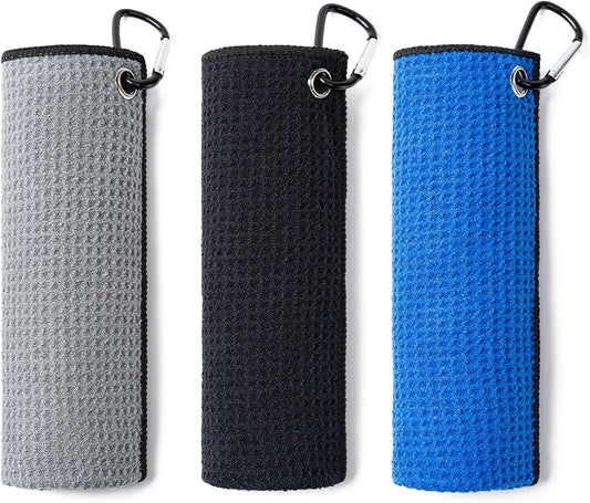 3 Pack Golf Towel (16" X 16") with Carabiner Clip, Microfiber Golf Towels
